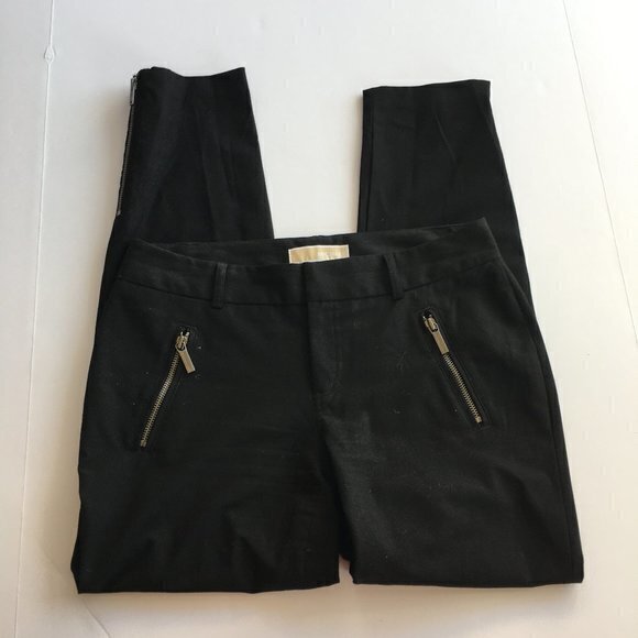 Michael Kors MK Womens Gold Zip Front Pockets Black Ankle Zip Pants Size 4 Work - Picture 1 of 7